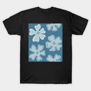 Pattern of light blue and white button flowers on blue T-Shirt